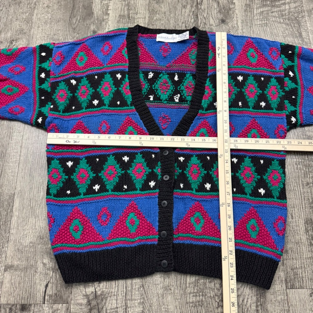 Vintage Robert Scott Ltd Multicolor Pattered Cardigan Sweater Sz L - Picture 3 of 6